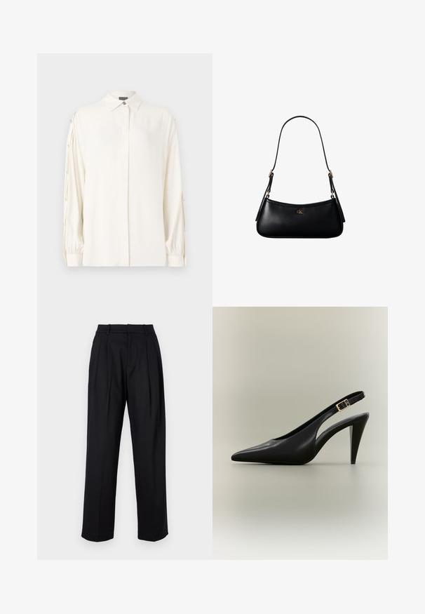 Chemisier blanc à manches longues avec un col, une fermeture à boutons à l'avant et des poignets froncés. Présente des boutons décoratifs le long des manches. Texture lisse.; Pantalons noirs au design ajusté, avec une taille haute, des plis et une coupe droite. Fabriqués en tissu lisse de couleur unie.; Escarpin à bride arrière en cuir noir avec bout pointu, boucle dorée et talon effilé sur un fond neutre.; Mini sac à bandoulière en cuir noir avec une fine bandoulière et un petit logo CK doré au centre avant.