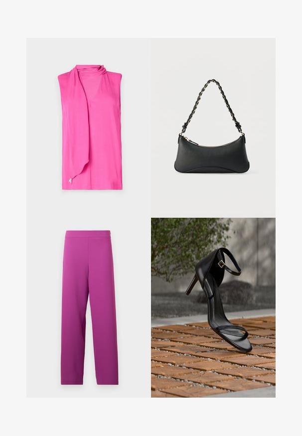 Top sans manches de couleur rose vif, avec un doux décolleté drapé et un subtil détail en ruban au niveau de l'ourlet. Fabriqué en tissu lisse et léger.; Pantalons larges violets en tissu doux et extensible. Présentent une taille haute et aucun matériel ou motif visible.; Sandale noire à talon haut avec sangle à la cheville, suspendue au-dessus d'un sol en carreaux de bois à l'extérieur, avec un arrière-plan flou de verdure et de pierre.; Sac à bandoulière en cuir noir de forme rectangulaire incurvée, avec une chaîne dorée tissée dans la bandoulière noire tressée et une fermeture éclair sur le dessus.