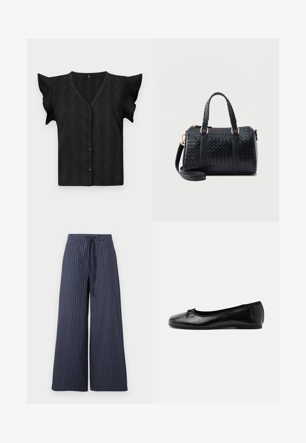 Zwarte blouse met korte mouwen en een V-hals, voorzien van een textuur met zigzagpatroon en een knoopsluiting aan de voorkant. Zacht, lichtgewicht materiaal.; Navyblauwe wijde broek met witte verticale strepen. Gemaakt van een lichtgewicht stof, voorzien van een drawstring taille en een gladde textuur.; Zwarte glanzende leren ballerina met lage hak en kleine decoratieve strik aan de voorkant, zijaanzicht op een effen lichte achtergrond.; Zwarte leren handtas met geweven patroon, twee korte handvatten en een afneembare lange riem, geplaatst tegen een effen lichte achtergrond.
