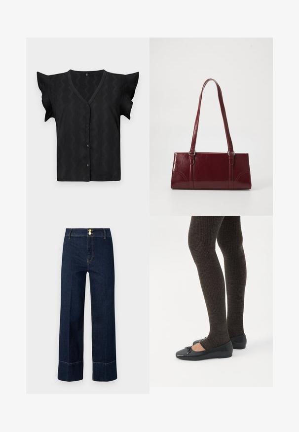 Blouse noire à manches courtes avec un décolleté en V, présentant un motif en zigzag texturé et une fermeture à boutons à l'avant. Matière douce et légère.; Jeans taille haute large bleu marine avec double bouton doré et surpiqûres orange visibles sur un fond clair.; Jambes portant des leggings côtelés foncés associés à des ballerines noires avec de petits détails en nœud sur fond blanc.; Sac à main bordeaux en matériau brillant, de forme rectangulaire, avec deux anses et des accents légèrement courbés à l'avant.
