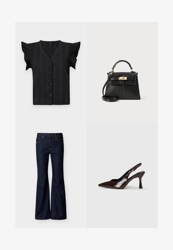 Zwarte blouse met korte mouwen en een V-hals, voorzien van een textuur met zigzagpatroon en een knoopsluiting aan de voorkant. Zacht, lichtgewicht materiaal.; Donkerblauwe spijkerbroek met uitlopende pijpen, voorste knoop- en ritssluiting en een ontwerp met vijf zakken met contrasterende stiksels.; Bruine gepatineerde leren slingback pumps met een spitse neus, een dunne hak en een verstelbaar bandje met een kleine gesp.; Zwarte leren handtas met een gestructureerd ontwerp, een bovenhandvat, een afneembare schouderriem en hardware in goudkleur op een magnetische sluiting.