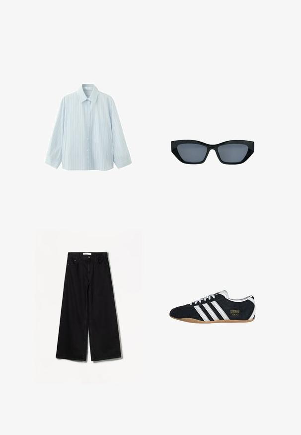 Chemise à manches longues bleu clair avec des rayures verticales blanches et jaunes et une poche poitrine unique.; Jean large noir en denim. Doté d'une taille haute, de poches avant et arrière, et d'un matériel argenté sur le bouton et la fermeture éclair.; Sneakers en suede noir avec trois bandes blanches, logo doré et semelle en caoutchouc marron. Présente un design à lacets à profil bas.; Lunettes de soleil noires style œil de chat avec des montures épaisses et des verres teintés foncés, présentées sur fond blanc.