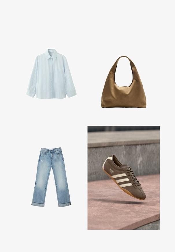 Chemise à manches longues bleu clair avec des rayures verticales blanches et jaunes et une poche poitrine unique.; Jean en denim bleu clair avec une légère usure, jambes droites, ourlets retroussés, poches avant et fermeture à boutons, taille 36.; Baskets en daim marron avec des rayures blanches et un logo, dotées d'un bout rond et d'une semelle en caoutchouc gomme, suspendues au-dessus d'une surface texturée.; Sac à épaule en tissu marron avec un corps large et arrondi et une grande poignée découpée. Texture douce, design minimaliste et aucun matériel visible.