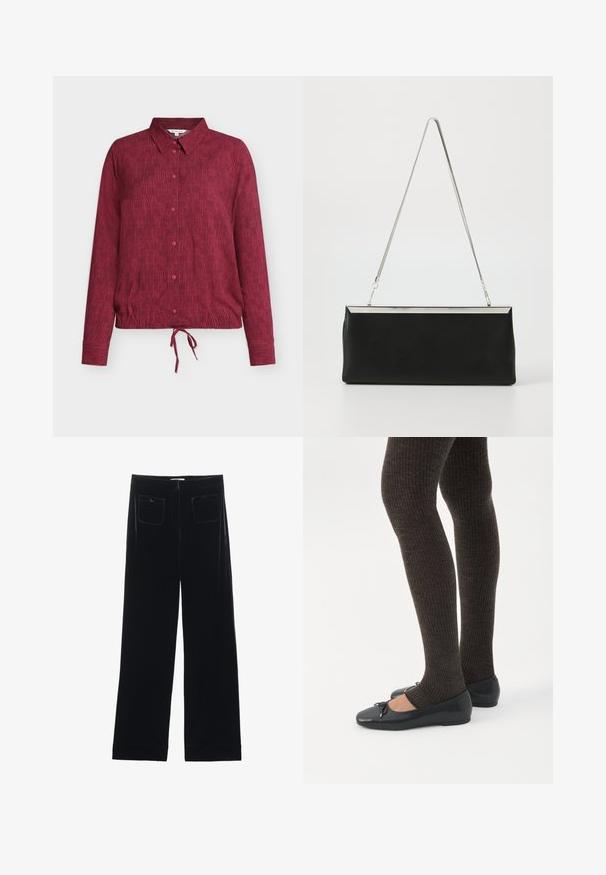 Chemise bordeaux à boutons avec col, présentant une texture rayée verticale, manches longues, et un détail de lien au bas de l'ourlet.; Pantalons larges en velours noir avec deux poches arrière et une texture lisse, présentant une coupe droite et une finition ourlée aux chevilles.; Jambes portant des leggings côtelés foncés associés à des ballerines noires avec de petits détails en nœud sur fond blanc.; Pochette en cuir noir avec une poignée en chaîne métallique argentée et une forme rectangulaire élégante. Texture mate et design minimaliste avec un accent métallique.