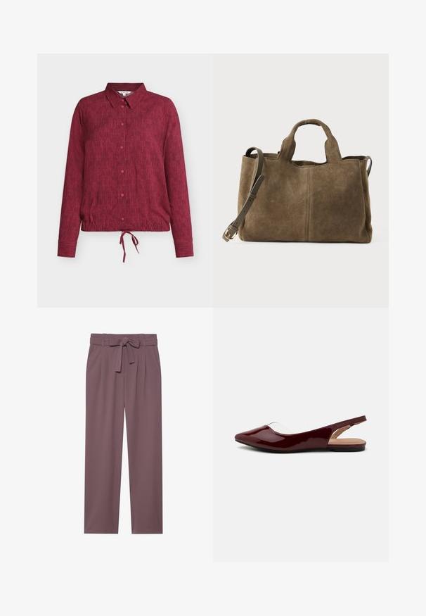 Chemise bordeaux à boutons avec col, présentant une texture rayée verticale, manches longues, et un détail de lien au bas de l'ourlet.; Pantalons larges de couleur prune avec une taille ceinturée, un devant plissé et une texture lisse. Comprend des poches latérales et un design ajusté.; Ballerines à talon slingback en vernis bordeaux avec un bout pointu, une découpe transparente et une semelle plate noire. Texture lisse, design minimaliste.; Sac à main en suède brun avec poignées courtes et une bandoulière amovible et réglable avec boucle dorée sur fond blanc.
