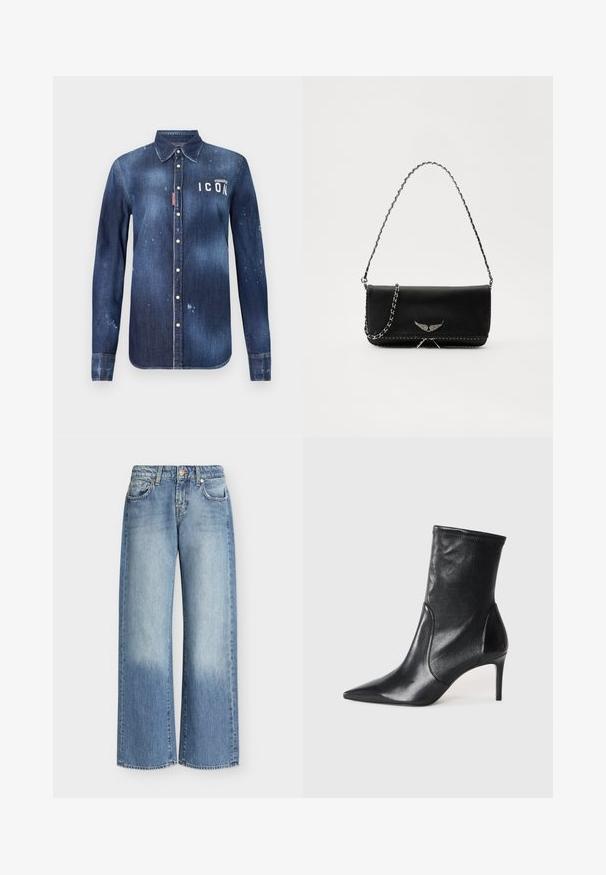 Denimskjorte i mørkeblå, med knap-ned design, bevaret slid, distressed detaljer og hvid "ICON" tekst på brystet.; Lyseblå jeans med brede ben og falmet vask, femlommers design, knap- og lynlåslukning samt lige benafslutninger, lagt fladt på en hvid baggrund.; Sorte ankelstøvler lavet af glat læder, med spids tå, tætsiddende skaft og en slank høj hæl. Minimalistisk design uden synligt hardware.; Sort læderhåndtaske med en sølv kædestrop, der har dekorative vingedetaljer og hvid syning langs bunden.