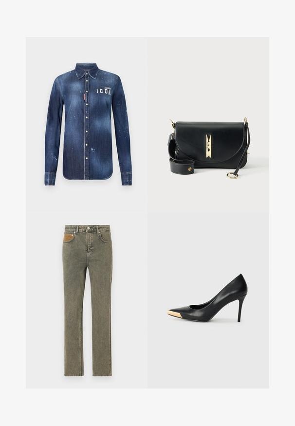 Chemise en denim bleu foncé, présentant un design à boutons, avec un effilochage préservé, des accents usés et un texte blanc "ICON" sur la poitrine.; Jean en denim vert avec une coupe droite, doté d'une poche en velours côtelé marron et d'une légère décoloration sur l'ensemble du tissu.; Pompe à talon haut en cuir noir avec bout pointu ; présente une accentuation métallique dorée sur le capuchon. Surface lisse avec un design épuré.; Sac bandoulière en cuir noir avec fermoir en forme de pince à linge dorée et bandoulière réglable avec éléments métalliques dorés sur fond blanc.