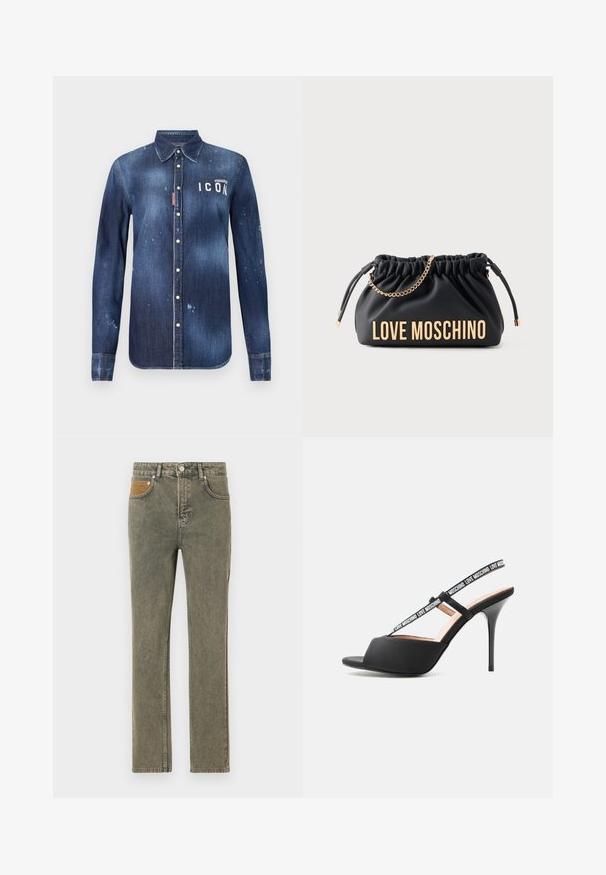Camisa de denim en azul oscuro, con un diseño de botones, desgarros preservados, acentos desgastados y texto blanco "ICON" en el pecho.; Jeans de mezclilla verde con un diseño de pierna recta, que cuentan con un bolsillo de acento de pana marrón y un sutil desgastado en toda la tela.; Sandalia negra de tacón alto y puntera abierta con finas tiras con la marca "LOVE MOSCHINO" sobre el pie y alrededor del tobillo.; Bolso de cuero negro fruncido con cadena dorada como correa y la inscripción "LOVE MOSCHINO" en dorado en el frente.