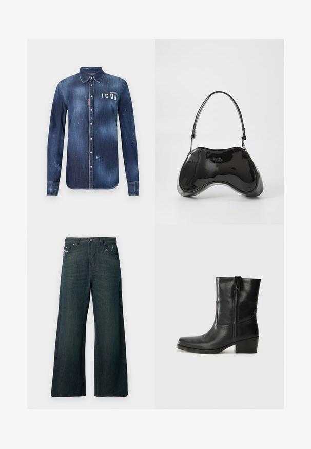 Denimskjorte i mørkeblå, med knap-ned design, bevaret slid, distressed detaljer og hvid "ICON" tekst på brystet.; Vidbenede mørkeblå denimjeans med let slid nær de forreste lommer og standard lukkemekanisme med knap og lynlås.; Sort læder ankelstøvle med rundt tå, blokhæl, lynlås i siden og stikninger på vampsiden. Glat tekstur, klassisk design.; Sort patentlæder håndtaske med en unik buet form, kort justerbar hank og en lynlåslukning i toppen. Glat tekstur med diskret branding.