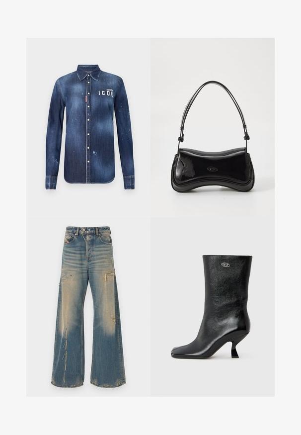 Denimskjorte i mørkeblå, med knap-ned design, bevaret slid, distressed detaljer og hvid "ICON" tekst på brystet.; Vide benfalde blå denimjeans med slidte detaljer, forlommer og sidelommer samt knap- og lynlåslukning.; Sort læderankelstøvle med blank finish, firkantet tå og unikt buet hældesign. Har en lille metallisk logoaccent.; Sort patentlæder håndtaske med en buet form, et enkelt håndtag og en rund bund. Har en subtil logo-detalje på forsiden.