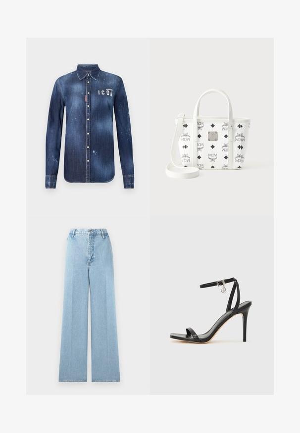 Chemise en denim bleu foncé, présentant un design à boutons, avec un effilochage préservé, des accents usés et un texte blanc "ICON" sur la poitrine.; Jeans larges bleu clair en denim avec une taille haute, comprenant cinq passants de ceinture, une fermeture à bouton à l'avant et des coutures cousues.; Sandale à talon haut noire avec une bride étroite à la cheville, bout carré, cuir lisse et accent de boucle métallique.; Sac cabas en cuir blanc avec motif logo MCM noir, doubles anses, bandoulière amovible et plaque de marque en métal sur le devant.