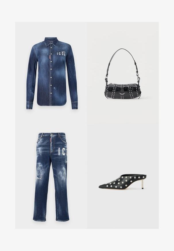 Camisa de denim en azul oscuro, con un diseño de botones, desgarros preservados, acentos desgastados y texto blanco "ICON" en el pecho.; Vaqueros de mezclilla azul oscuro con parches desgastados, manchas de pintura claras y letras blancas en negrita. Diseño de pierna recta con un ajuste clásico.; STAND STUDIO KELSEY - Mules de tacón - black; Bolso de hombro de charol negro con tachuelas plateadas dispuestas en filas verticales y un pequeño emblema plateado de pájaro en el centro frontal.