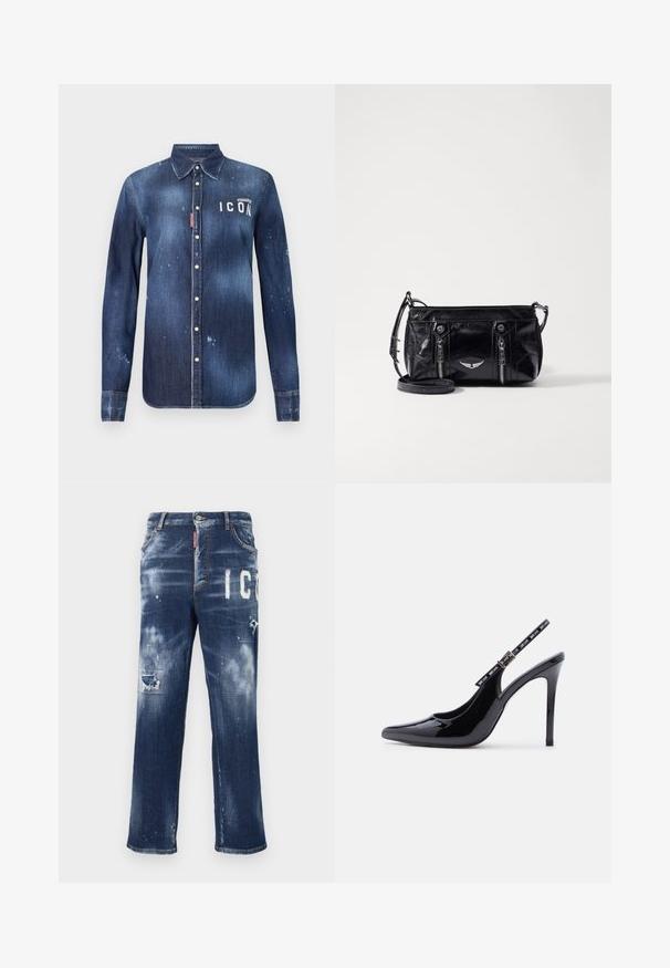 Denimskjorte i mørkeblå, med knap-ned design, bevaret slid, distressed detaljer og hvid "ICON" tekst på brystet.; Mørkeblå denimjeans med slidte lapper, lyse malingspletter og fed hvid tekst. Straight leg design med en klassisk pasform.; Sort laklæder højhælet slingback-sko med spids tå og justerbar spænde med mærke på hvid baggrund.; Sort faux læder crossbody taske med lynlåslommer, et dekorativt sølv emblem og en justerbar rem. Glossy tekstur og kompakt form.