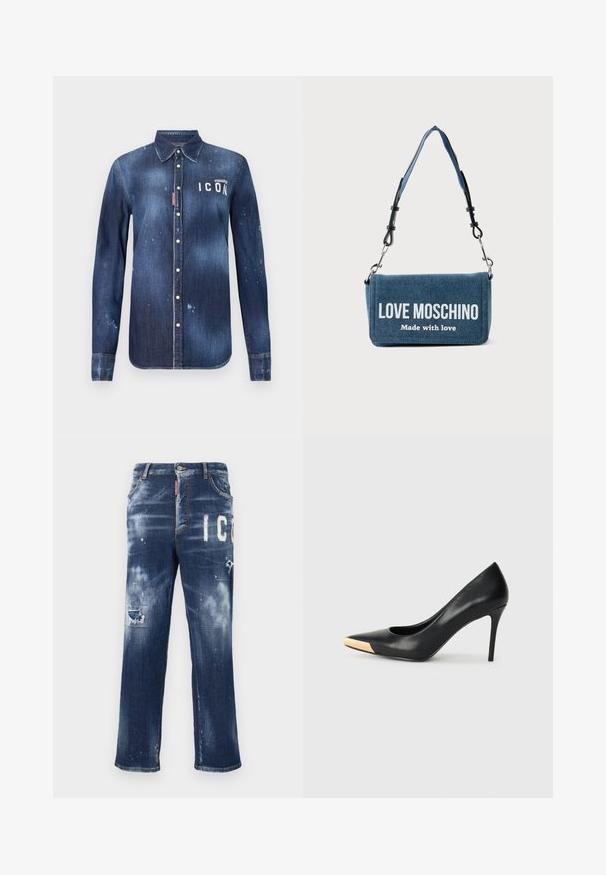 Camisa de denim en azul oscuro, con un diseño de botones, desgarros preservados, acentos desgastados y texto blanco "ICON" en el pecho.; Vaqueros de mezclilla azul oscuro con parches desgastados, manchas de pintura claras y letras blancas en negrita. Diseño de pierna recta con un ajuste clásico.; Zapato de tacón alto de cuero negro con puntera afilada; presenta un detalle metálico dorado en la tapa del tacón. Superficie lisa con un diseño elegante.; Bolso de hombro de mezclilla con correa desmontable, que muestra el texto "LOVE MOSCHINO Made with love" en la solapa frontal.