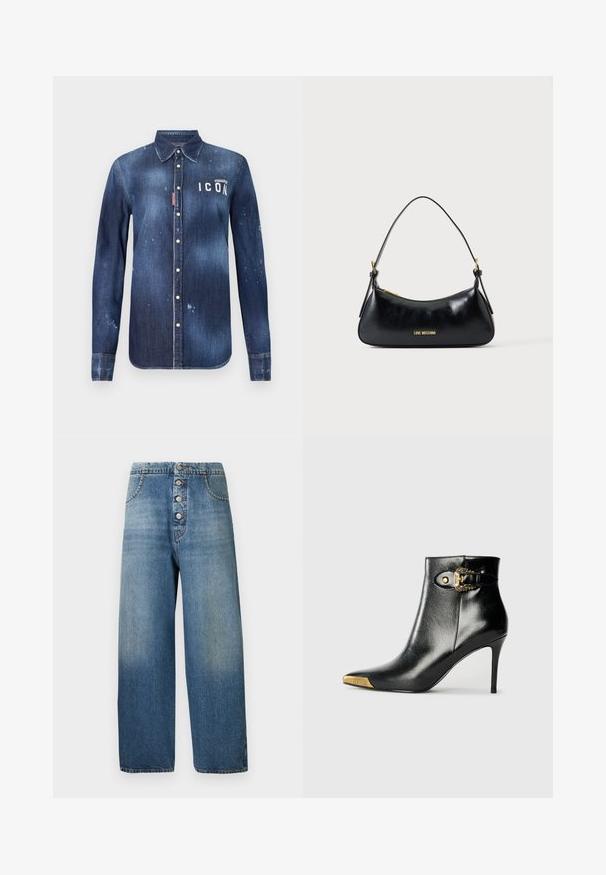 Chemise en denim bleu foncé, présentant un design à boutons, avec un effilochage préservé, des accents usés et un texte blanc "ICON" sur la poitrine.; Jean en denim bleu clair à jambes larges avec fermeture à cinq boutons, taille haute et poches classiques. Décoloration progressive de haut en bas. Pas de motifs.; Bottine noire en cuir brillant, avec un bout pointu, un talon aiguille, et des accessoires dorés ornés d'une boucle décorative.; Sac d'épaule en cuir noir avec fermeture éclair dorée et logo "LOVE MOSCHINO" sur le devant, doté d'une poignée supérieure incurvée.