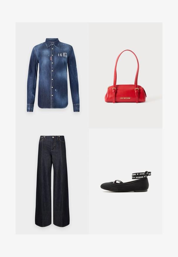 Chemise en denim bleu foncé, présentant un design à boutons, avec un effilochage préservé, des accents usés et un texte blanc "ICON" sur la poitrine.; Jean bleu foncé à jambes larges avec poches avant, passants pour ceinture et coutures orange, présenté sur un fond blanc uni.; Chaussure de ballet plate noire avec fines lanières croisées et lanières à la cheville présentant du texte blanc et des motifs de cœurs ""LOVE MOSCHINO"".; Sac à main rectangulaire rouge Love Moschino avec deux longues bandoulières et détails de boucle en or sur un fond clair.