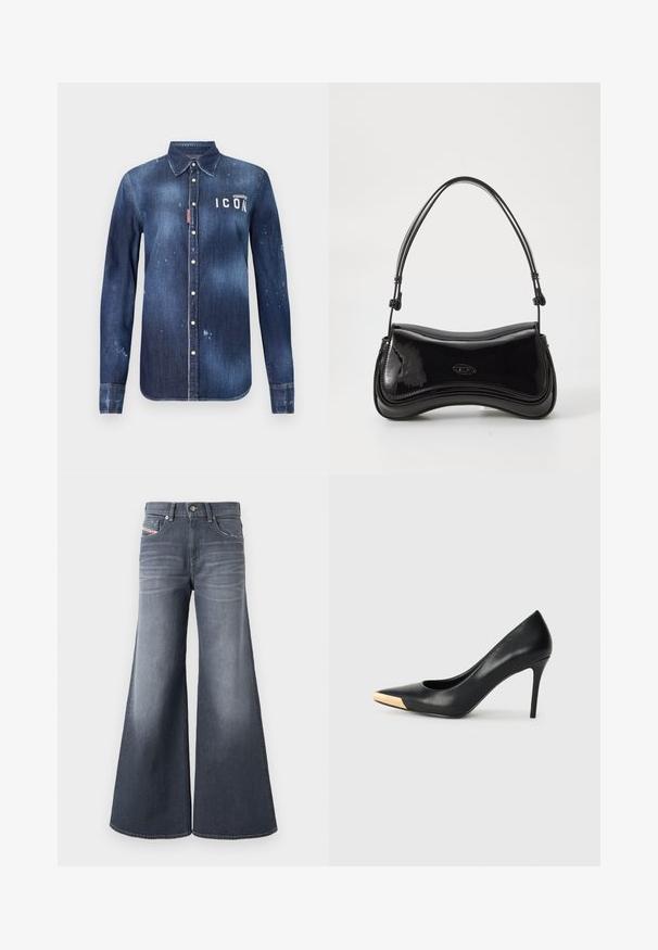 Denimskjorte i mørkeblå, med knap-ned design, bevaret slid, distressed detaljer og hvid "ICON" tekst på brystet.; Vidbenede mørkegrå denimjeans med forlommer, bæltestropper og knaplukning, der har subtile falmede detaljer på lårene.; Sort læder stiletter med spids tå; har et metalisk guldakcent på tåkapperne. Glat overflade med et strømlinet design.; Sort patentlæder håndtaske med en buet form, et enkelt håndtag og en rund bund. Har en subtil logo-detalje på forsiden.