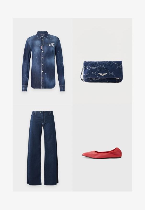 Denimskjorte i mørkeblå, med knap-ned design, bevaret slid, distressed detaljer og hvid "ICON" tekst på brystet.; Bredde ben denim jeans i mørkeblå med synlige syninger, forlommer og knaplukning. Fremstillet af et solidt denimstof.; Filippa K REY FLATS - Ballerinasko - bright red; Marineblå clutchtaske med sølvfarvede vingemønstre, præget "Voltaire Paris" tekst og to sølvlynlåse med kæderem.