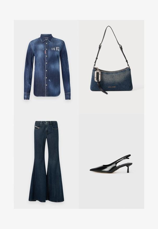 Denimskjorte i mørkeblå, med knap-ned design, bevaret slid, distressed detaljer og hvid "ICON" tekst på brystet.; Mørkeblå denim flare jeans med høj talje, fem lommer og knaplukning. Har subtile falmninger og syningsdetaljer.; Sorte patenterede slingback hæle med spids tå, tynd hæl og justerbar spænde-rem. Glat tekstur med minimal udsmykning.; Lille blå denim skuldertaske med sort justerbar rem, sølv spænde og Marc Jacobs logo i guldbogstaver foran.