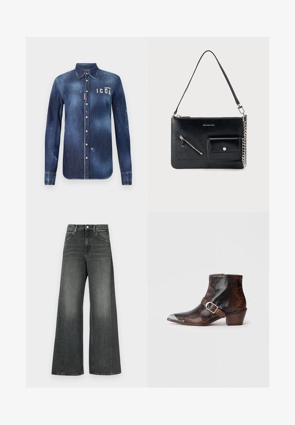 Camisa de denim en azul oscuro, con un diseño de botones, desgarros preservados, acentos desgastados y texto blanco "ICON" en el pecho.; Jeans de pierna ancha en denim gris oscuro, con un diseño clásico de cinco bolsillos, costuras visibles y cierre frontal con botones.; Botas de tobillo con estampado de serpiente en negro y marrón, con punta de metal plateado, detalle de hebilla y un tacón de madera bajo. Textura suave, diseño ajustado.; Bolso de hombro de cuero negro de Michael Kors con cremallera superior, bolsillo diagonal en la parte frontal con cremallera, bolsillo con solapa y botón a presión, y detalle de cadena plateada.
