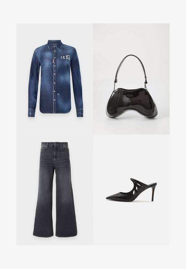 Denimskjorte i mørkeblå, med knap-ned design, bevaret slid, distressed detaljer og hvid "ICON" tekst på brystet.; Vidbenede mørkegrå denimjeans med talje i midten, femlommet design og en falmet tekstur med subtile whiskering-detaljer.; Sorte læder højhælede mules med spids tå, udskåret sideskærm og glat tekstur. Stiletthæl og subtil syning.; Sort patentlæder håndtaske med en unik buet form, kort justerbar hank og en lynlåslukning i toppen. Glat tekstur med diskret branding.