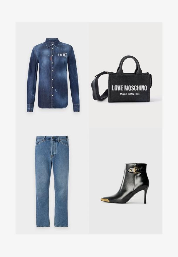 Chemise en denim bleu foncé, présentant un design à boutons, avec un effilochage préservé, des accents usés et un texte blanc "ICON" sur la poitrine.; Jean en denim bleu clair avec une coupe droite, dotés d'une fermeture éclair, de cinq poches et de subtils détails de couture. Pas d'ornements ni de motifs.; Bottine noire en cuir brillant, avec un bout pointu, un talon aiguille, et des accessoires dorés ornés d'une boucle décorative.; Sac à main rectangulaire noir avec poignées courtes et bandoulière réglable, avec texte blanc "LOVE MOSCHINO Made with love" sur le devant.