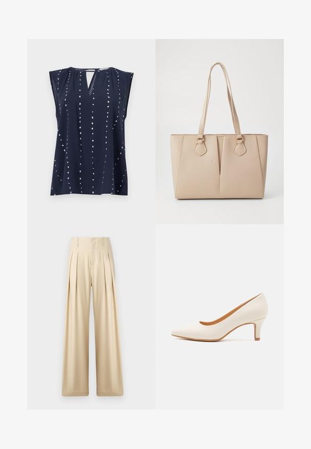 Top sans manches bleu marine avec décolleté en V et détail en trou de serrure, présentant des motifs à pois blancs disposés verticalement sur le tissu.; Pantalons larges beige en tissu lisse. Présentent des plis nets, une taille haute et des détails de couture subtils pour un look ajusté.; Chaussure à talon haute en cuir blanc avec un bout pointu et un talon fin, légèrement incliné. Texture lisse avec un design minimaliste et une semelle beige.; Sac fourre-tout beige en faux cuir texturé, doté de poignées doubles et d'accents en métal doré. Le design présente un détail avant fendu.
