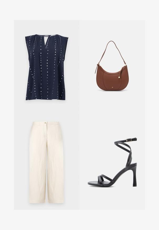 Top sans manches bleu marine avec décolleté en V et détail en trou de serrure, présentant des motifs à pois blancs disposés verticalement sur le tissu.; Pantalons larges beiges en tissu léger, dotés d'une fermeture à bouton, de passants de ceinture et d'ourlets nets. Texture douce et design minimaliste.; Sandales à talons hauts noires au design élégant, avec deux fines brides sur les orteils et une bride croisée à la cheville avec une boucle.; Sac à épaule en faux cuir brun, de forme arrondie, avec des coutures minimales et un accent en matériel doré. Il possède une fermeture zippée sur le dessus et une sangle réglable.