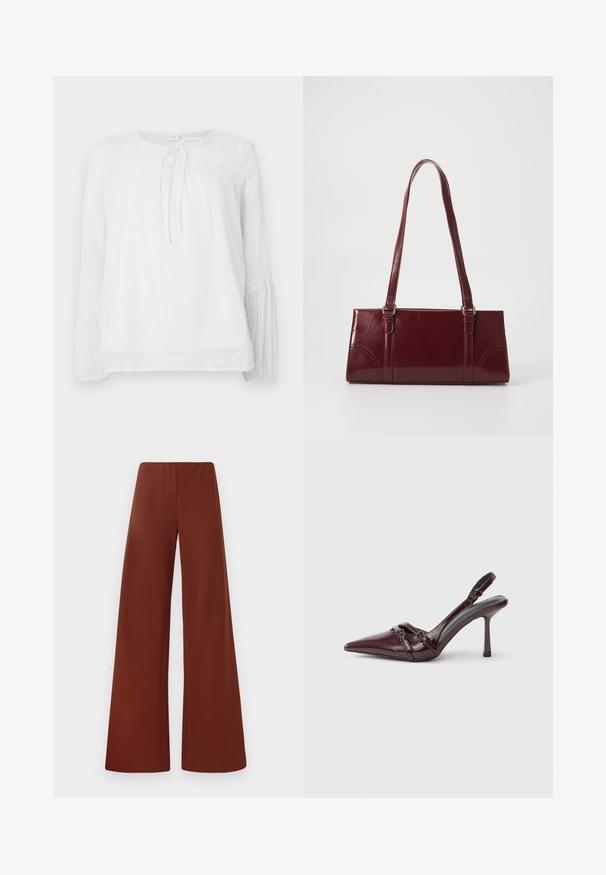 Chemisier blanc à manches longues avec des accents en dentelle, décolleté rond, corsage froncé et pois texturés sur un tissu lisse.; Pantalons larges en tissu lisse d'une couleur brun profond et riche. Présentent une taille haute et des lignes épurées sans fermetures visibles.; Escarpin slingback en cuir verni bordeaux avec bout pointu, fine bride à la cheville et petit détail décoratif de boucle. Texture lisse et talon haut.; Sac à main bordeaux en matériau brillant, de forme rectangulaire, avec deux anses et des accents légèrement courbés à l'avant.