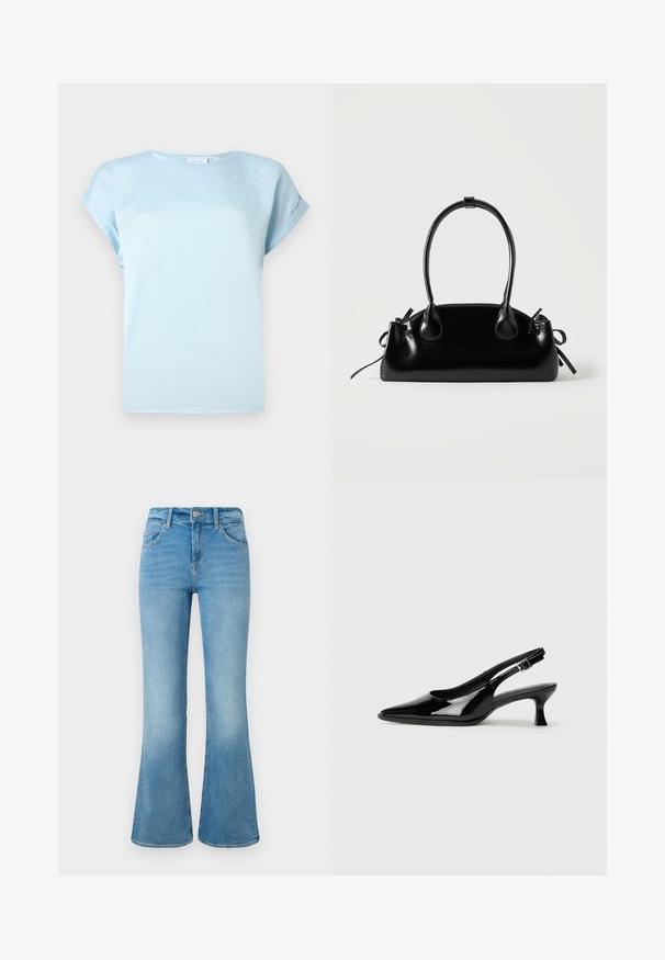 Blouse bleu clair à manches courtes avec manches retroussées et encolure ronde, présentée sur un fond blanc uni.; Jean flare en denim bleu clair avec poches avant, passants de ceinture et fermeture à bouton sur un fond blanc.; Escarpins en cuir verni noir avec un bout pointu et un petit talon carré. Sangle réglable à la cheville avec boucle.; Petit sac à main noir brillant avec deux longues anses et des détails à cordon sur les côtés sur un fond clair uni.