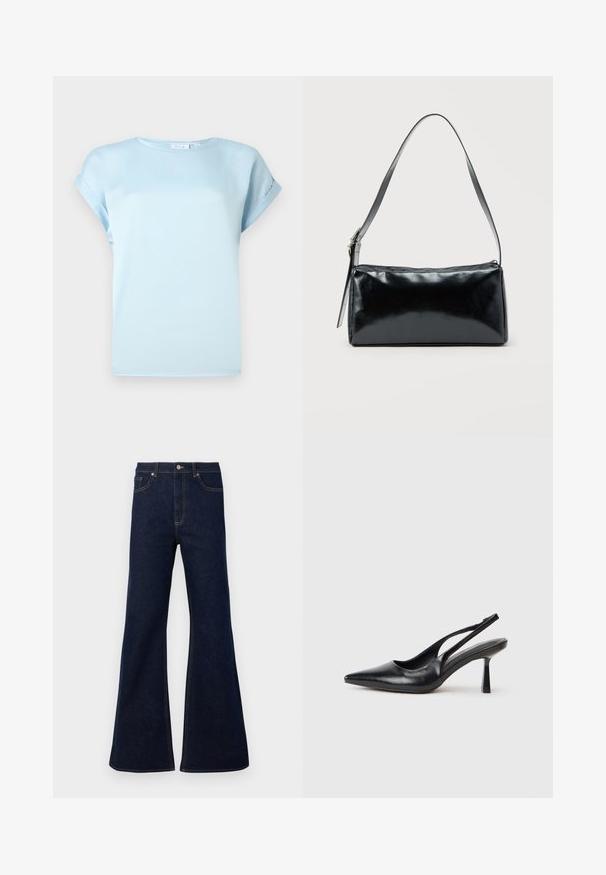 Blouse bleu clair à manches courtes avec manches retroussées et encolure ronde, présentée sur un fond blanc uni.; Jean en denim bleu foncé évasé, doté d'une taille haute, de poches avant et de surpiqûres dorées. Texture douce avec une coupe traditionnelle.; Chaussure à talon haut en cuir noir, à bride arrière, avec un bout pointu et un talon fin sur fond blanc.; Sac d'épaule rectangulaire noir avec une sangle réglable unique et une fermeture éclair supérieure sur un fond uni.