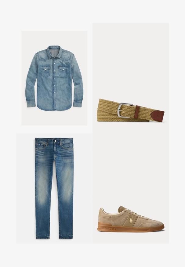 Lichtblauwe denimshirt met een puntkraag, lange mouwen, twee borstzakken en drukknoopsluitingen. Klassiek westernstijl ontwerp.; Blauwe vervaagde slim-fit jeans met knoop- en ritssluiting, voorzakken en klein muntzakje, plat gelegd op een witte achtergrond.; Beige suède en leren lage sneaker met gumzool, witte veters en Polo-logo op de zijkant en zool.; Geweven beige stoffen riem met zilveren gesp en bruine leren accenten, met een geperst paardenlogo op het leren uiteinde.
