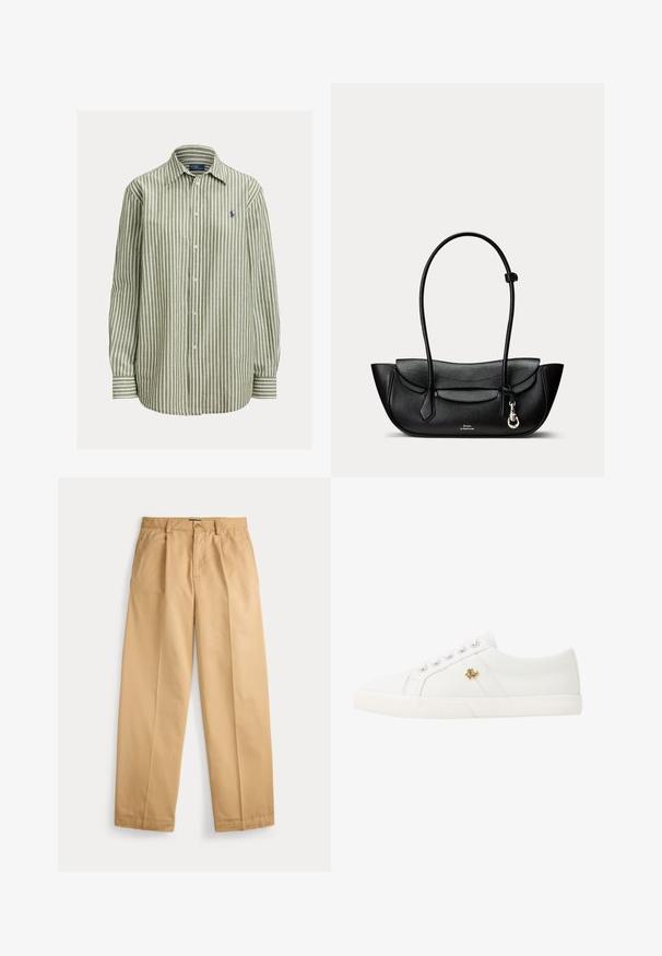 Camisa de botones con rayas verdes y blancas, tejido de algodón, mangas largas, cuello clásico, con logo en azul marino en el pecho izquierdo, puños lisos.; Pantalones beige de pierna recta con cierre de botón y cremallera, bolsillos delanteros, trabillas para cinturón y pliegues prensados a lo largo de las piernas.; Lauren Ralph Lauren JANSON II CANVAS SNEAKER - Zapatillas - optic white; Bolso de hombro de cuero negro con solapa curva, correa larga y fina, alas laterales, cierre pequeño de plata y logo de Polo Ralph Lauren en la parte delantera.