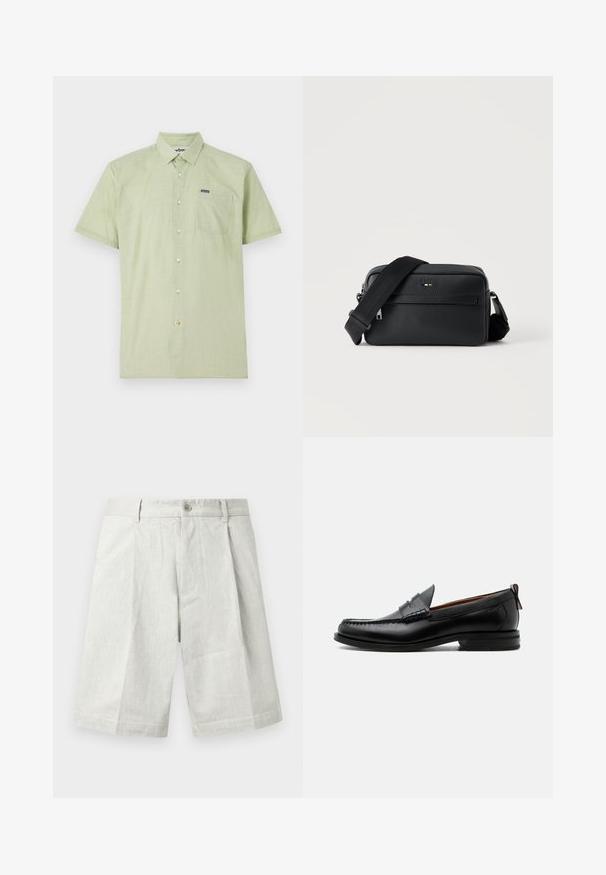 Grünes Kurzarm-Hemd mit Knöpfen, aus strukturiertem Stoff, einer Brusttasche, Logo-Label auf der Tasche und hellen Knöpfen.; Hellgraue Shorts aus strukturiertem Stoff, mit einem Knopfverschluss, Falten und einem geraden Schnitt, geeignet für legere Trageanlässe.; Schwarzer Leder-Herrenschuh mit Mokassinnaht, Penny-Riemen, strukturiertem Kragen und niedrigem gestapeltem Absatz auf weißem Hintergrund.; Schwarze, strukturierte Leder-Crossbody-Tasche mit vorderer Reißverschlusstasche und verstellbarem breitem Stoff-Schulterriemen auf weißem Hintergrund.