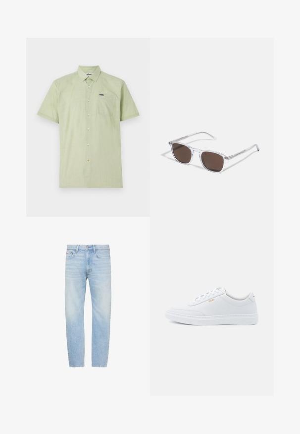 Groene overhemd met korte mouwen, gestructureerde stof, enkele borstzak, logo-label op de zak en lichtgekleurde knopen.; Lichtblauwe jeans met rechte pijpen, vijf zakken, knoopsluiting en vervaagde waseffecten op dijen en knieën.; Witte leren sneakers met een gladde textuur, ronde neus en tonale stiksels. Voorzien van blauwe veters en een gouden logo op de zijkant.; Heldere plastic zonnebril met rechthoekige bruine lenzen, voorzien van dunne, doorzichtige veren en metalen accenten op de sleep.
