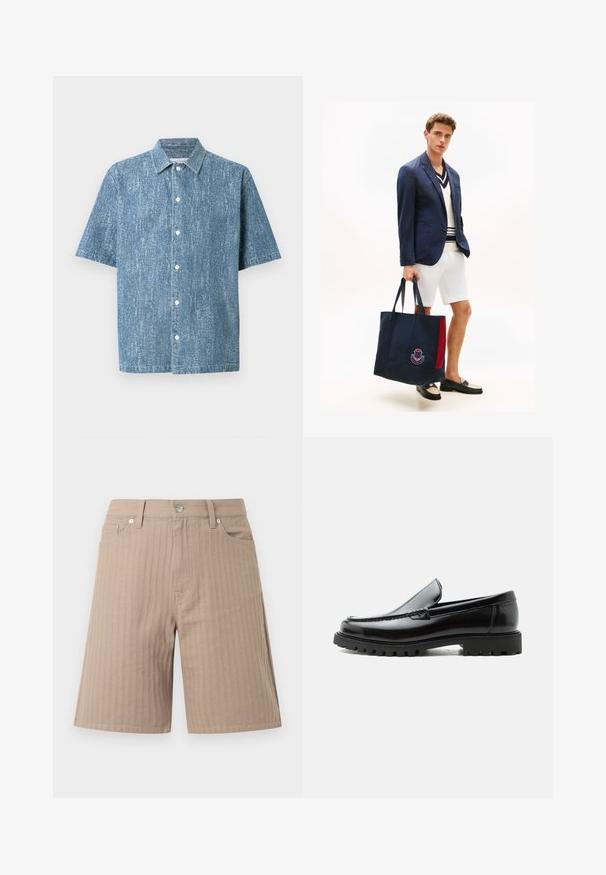 Sinisellä denimmateriaalilla, teksturoidulla pinnalla varustettu lyhythihainen nappipaita, jossa perinteinen kaulus ja valkoiset napit.; Beiget tekstuurikankaasta tehdyt shortsit, joissa pystysuorat raidat, vyötärönauhassa etuknappi ja sivutaskut.; Mustat nahkaiset loafersit, joissa paksu kumipohja, ommeltu yläosa ja kohokuvioitu tuotemerkin nimi kannassa, esitetty sivuprofiilissa valkoisella taustalla.; Mies pukeutuneena laivastonsiniseen bleiseriin, valkoisiin shortseihin ja loafer-kenkiin, pidellen suurta laivastonsinistä olkalaukkua, jossa on punainen raita ja vaakuna.