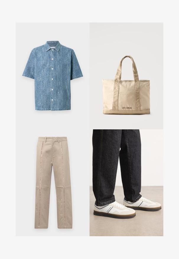 Kurzärmeliges Hemd mit Knopfleiste aus blauem Denimstoff mit texturierter Oberfläche, ausgestattet mit einem klassischen Kragen und weißen Knöpfen.; Beige Hosen mit geradem Schnitt, ausgestattet mit seitlichen Streifen aus roségoldenen Pailletten und dezentem gesticktem Detail an den Beinen.; Weiße und hellgraue Sneakers mit einem strukturierten Obermaterial aus Wildleder und Leder, brauner Gummisohle und navyblauem Akzentstreifen. Getragen mit dunklen Jeans.; Beige Leinwand-Tragetasche mit zwei Griffen und Vordertasche, "LES DEUX" auf der Tasche bestickt.