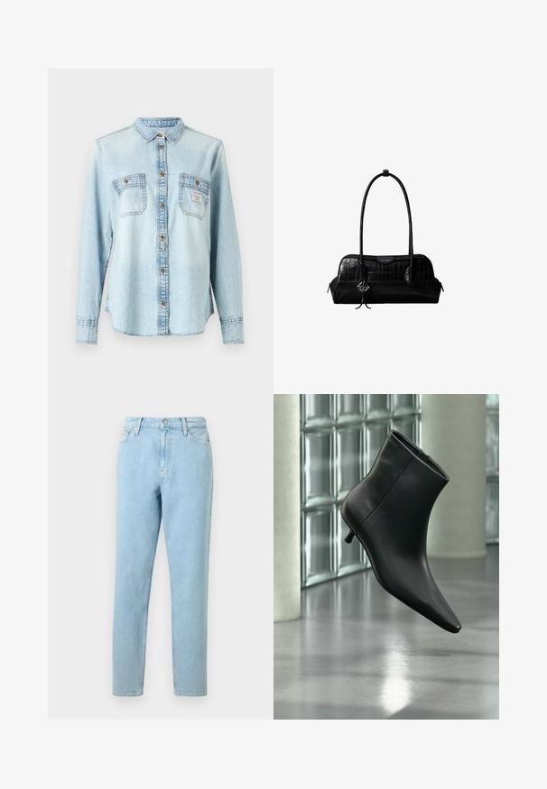 Chemise en jean bleu clair à manches longues, devant à boutons, deux poches poitrine et détails de couture contrastants.; Jeans en denim bleu clair avec une coupe droite, design à cinq poches et fermeture à bouton. Présente un léger dégradé et une texture lisse.; Bottine en cuir noir à bout pointu et petit talon kitten, présentée en angle devant un sol poli et un mur en blocs de verre.; Sac à épaule en cuir noir à texture crocodile, avec de longues sangles et un petit charm logo argenté sur une sangle.