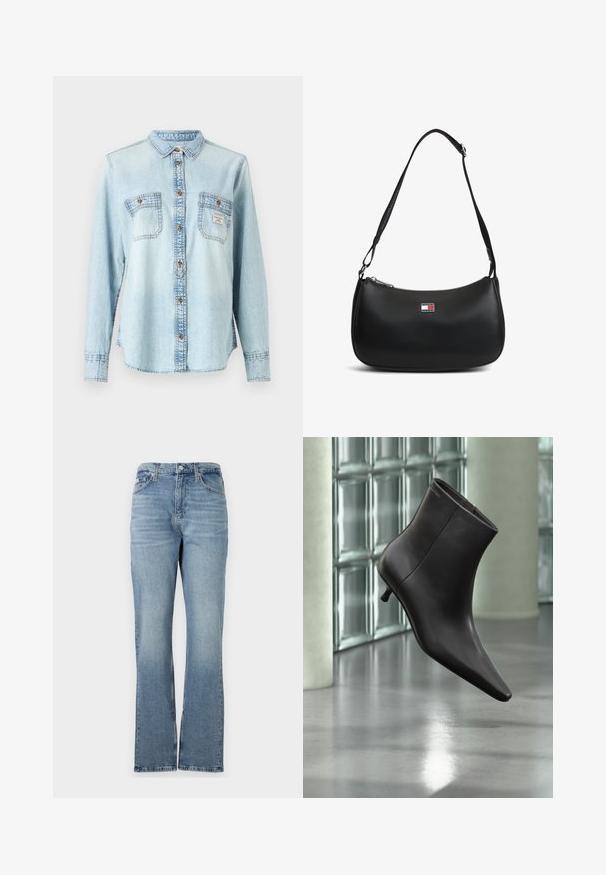 Chemise en jean bleu clair à manches longues, devant à boutons, deux poches poitrine et détails de couture contrastants.; Jean en denim bleu clair avec une jambe droite, design à cinq poches, passants de ceinture et fermeture éclair. Le tissu a une texture subtile.; Bottine en cuir noir avec bout pointu et petit talon, présentée devant un mur en blocs de verre et un sol poli.; Sac à épaule noir avec sangle ajustable et petite plaque logo Tommy Jeans au centre avant.
