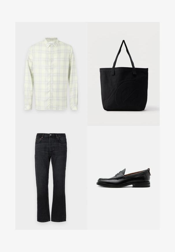 Chemise à manches longues à carreaux jaune clair avec col et boutons, présentée à plat sur un fond blanc.; Jeans en denim noir avec une coupe droite, cinq poches et des accents de couture orange. Texture lisse et détails de décoloration minimal.; Mocassin homme en cuir noir avec couture moc toe, bride penny, col texturé et petit talon empilé sur fond blanc.; Sac fourre-tout en toile noire avec deux bandoulières et un motif circulaire discret en relief sur le devant.