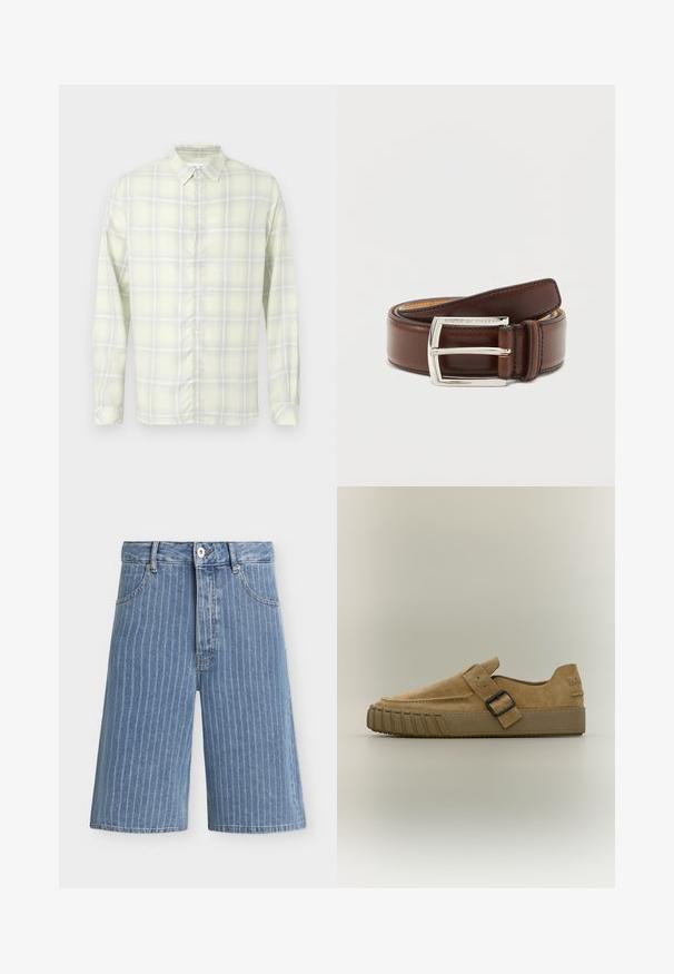 Lysegul ternet langærmet skjorte med knapper og krave, vist fladt mod en hvid baggrund.; Blå denimshorts med lodrette hvide striber, forreste knap, lynlås, bæltestropper og sidelommer på en ensfarvet baggrund.; Tan ruskind slip-on sko med tyk gummisål og sort spænde over toppen, sidevisning på ensfarvet baggrund.; Snoet glat brun læderbælte med sølv rektangulært spænde indgraveret med "Tiger of Sweden" på neutral baggrund.