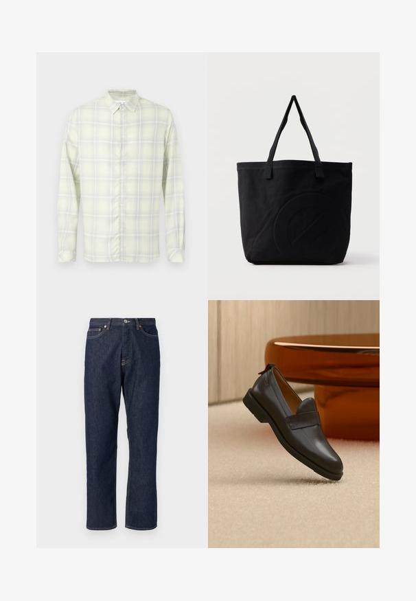 Camisa de cuadros amarilla clara de manga larga con botones y cuello, mostrada extendida sobre un fondo blanco.; Jeans de mezclilla azul oscuro con un diseño de pierna recta. Cuenta con un cierre de botón y cremallera, cinco bolsillos y detalles de costura en contraste.; Mocasín de cuero negro con tacón bajo flotando sobre una alfombra beige, junto a una mesa brillante de color ámbar en una habitación minimalista.; Bolsa tote de lona negra con dos correas para el hombro y un diseño circular en relieve sutil en el frente.