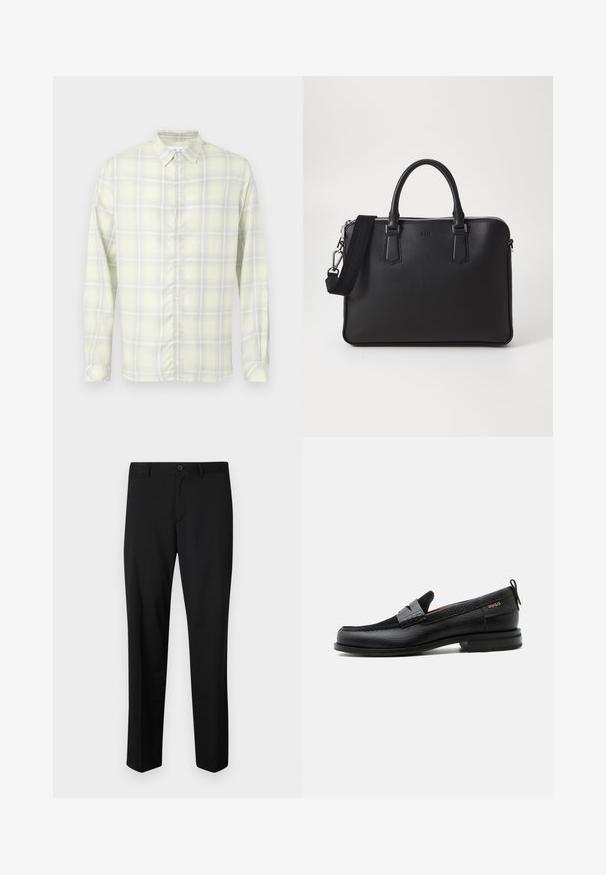 Camisa de cuadros amarilla clara de manga larga con botones y cuello, mostrada extendida sobre un fondo blanco.; Pantalones de traje negros con frente plano, cintura estándar y piernas rectas. Hechos de una tela suave, con un cierre de botón único.; Mocasín de cuero negro con detalle de tira gris, tacón bajo y suela texturizada, con la marca "HUGO" en oro en el lateral.; Bolso de cuero negro con superficie texturizada, dos asas y una correa para el hombro desmontable. Presenta cremalleras plateadas y elementos de diseño minimalistas.
