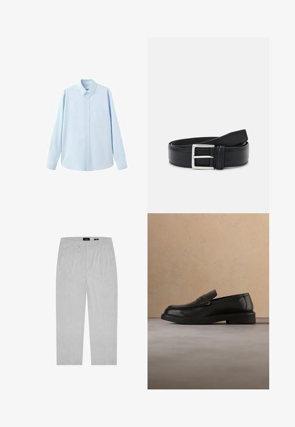 Chemise bleu clair à manches longues avec boutons, col pointu et poche poitrine, présentée sur fond blanc.; Pantalon gris clair avec une texture subtile, présentant des plis à l'avant, des poches latérales et des passants de ceinture. Design à jambes droites, style minimaliste.; Mocassin en cuir noir flottant au-dessus d'un tapis tissé beige avec une table ronde en bois et un canapé en arrière-plan.; Ceinture en cuir noir avec une boucle en argent, design plat, texture lisse et couture contrastante le long du bord.