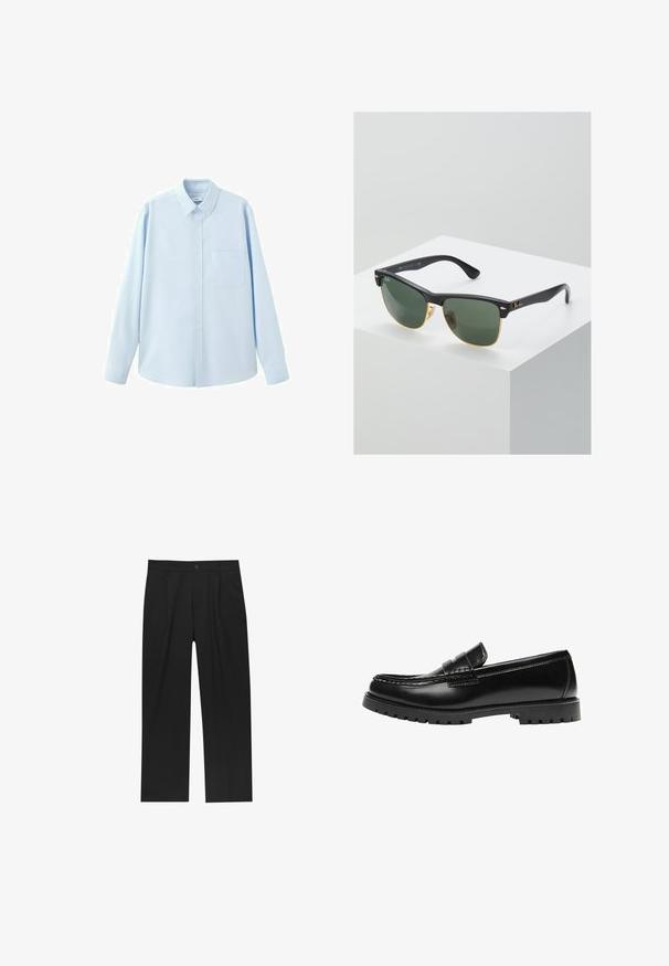 Chemise bleu clair à manches longues avec boutons, col pointu et poche poitrine, présentée sur fond blanc.; Pantalons noirs au design droit, fabriqués à partir d'un tissu lisse. Dotés de plis sur le devant et d'une fermeture à un bouton à la taille.; Mocassin en cuir noir avec une semelle en caoutchouc épaisse et un détail classique de bride à monnaie, vu de côté extérieur.; Lunettes de soleil Ray-Ban avec des verres verts, monture en plastique noir et accents dorés sur les bords. Forme carrée avec une finition mate.