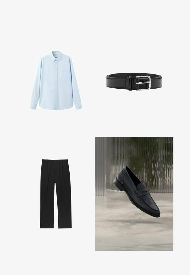 Chemise bleu clair à manches longues avec boutons, col pointu et poche poitrine, présentée sur fond blanc.; Pantalons noirs au design droit, fabriqués à partir d'un tissu lisse. Dotés de plis sur le devant et d'une fermeture à un bouton à la taille.; Mocassin en cuir noir à finition lisse, bout pointu et détails cousus sur le dessus. Talon bas et design minimaliste.; Ceinture en cuir noir avec coutures visibles et boucle argentée brillante, posée à plat en position enroulée sur un fond blanc.