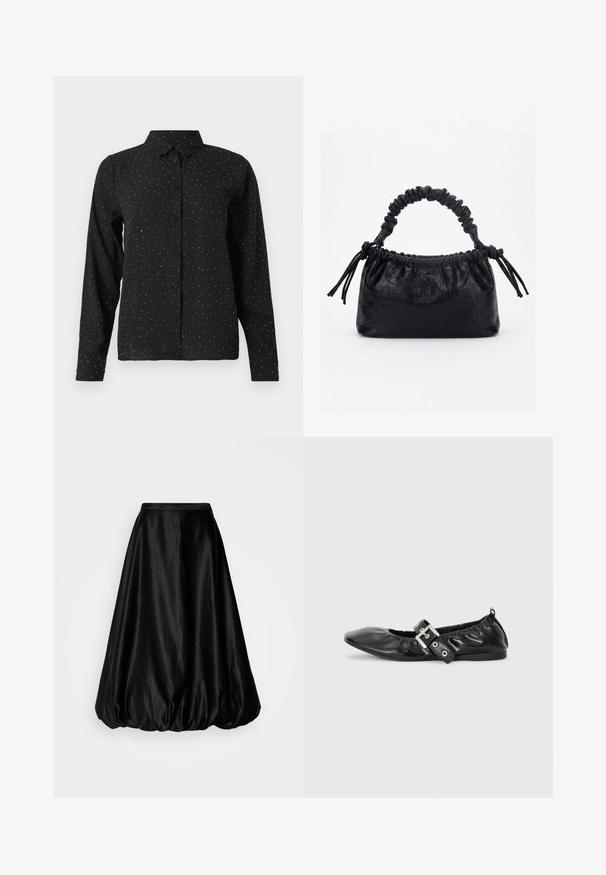 Chemise noire à manches longues avec des petits pois blancs et un col classique, présentée sur un fond blanc.; Jupe midi en satin noir avec une forme ballon volumineuse. Texture lisse et taille ajustée, conçue pour une silhouette fluide.; Chaussure plate en cuir noir avec un nez pointu, des détails froncés autour de l'ouverture et un accent en boucle argentée sur la bride ajustable.; Sac à main noir avec texture crocodile, bord supérieur froncé, poignée plissée et pompons à cordon de chaque côté sur fond blanc.