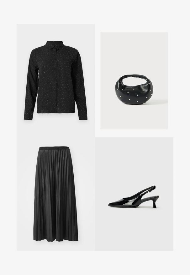 Chemise noire à manches longues avec des petits pois blancs et un col classique, présentée sur un fond blanc.; Jupe maxi plissée noire avec une texture lisse et une taille élastique, dotée de plis verticaux qui créent du volume et du mouvement.; Escarpins en cuir verni noir avec un bout pointu et un petit talon carré. Sangle réglable à la cheville avec boucle.; Sac à main en cuir noir de forme arrondie, décoré de clous argentés et équipé d'une poignée courte. Texture lisse et fermeture éclair.