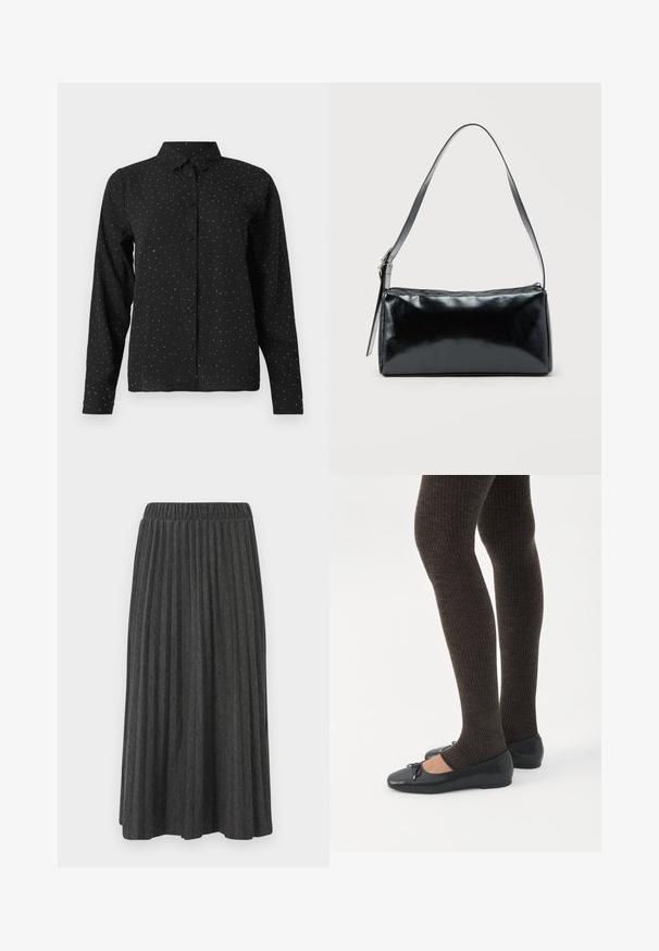 Chemise noire à manches longues avec des petits pois blancs et un col classique, présentée sur un fond blanc.; Jupe midi plissée grise avec taille élastique, présentant des plis verticaux et une texture lisse, adaptée à diverses occasions.; Jambes portant des leggings côtelés foncés associés à des ballerines noires avec de petits détails en nœud sur fond blanc.; Sac d'épaule rectangulaire noir avec une sangle réglable unique et une fermeture éclair supérieure sur un fond uni.