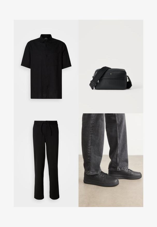 Schwarzes Kurzarmhemd aus Leinen mit Knopfverschluss, einer einzelnen Brusttasche und klassischem Kragen. Glatte Textur.; Schwarze Jogginghosen mit einem Kordelzugbund, hergestellt aus weichem, elastischem Material. Sie haben einen lockeren Schnitt mit geraden Beinen und keine sichtbaren Taschen.; Schwarze Leder-Sneaker mit flachen Schnürsenkeln, glatter Textur, dezenten Perforationen und Logo-Detail, kombiniert mit dunklen Jeans.; Schwarze, strukturierte Leder-Crossbody-Tasche mit vorderer Reißverschlusstasche und verstellbarem breitem Stoff-Schulterriemen auf weißem Hintergrund.